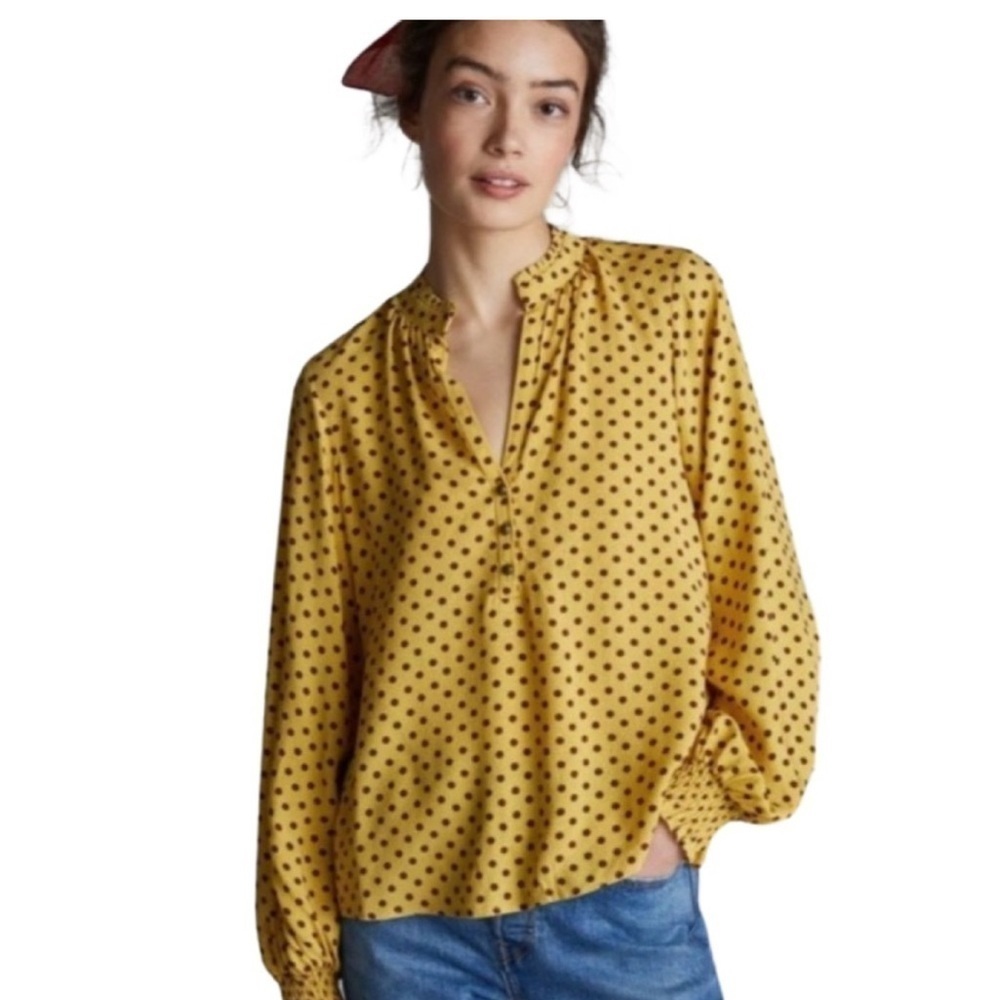Anthropologie Maeve Colette Yellow Polka Dot Silk Blouse size S